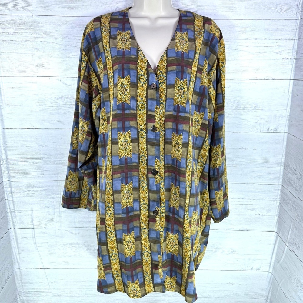 VTG Victoria's Secret 90s‎ Gold Label button gown medium blue luxury Italy plaid - Picture 3 of 8